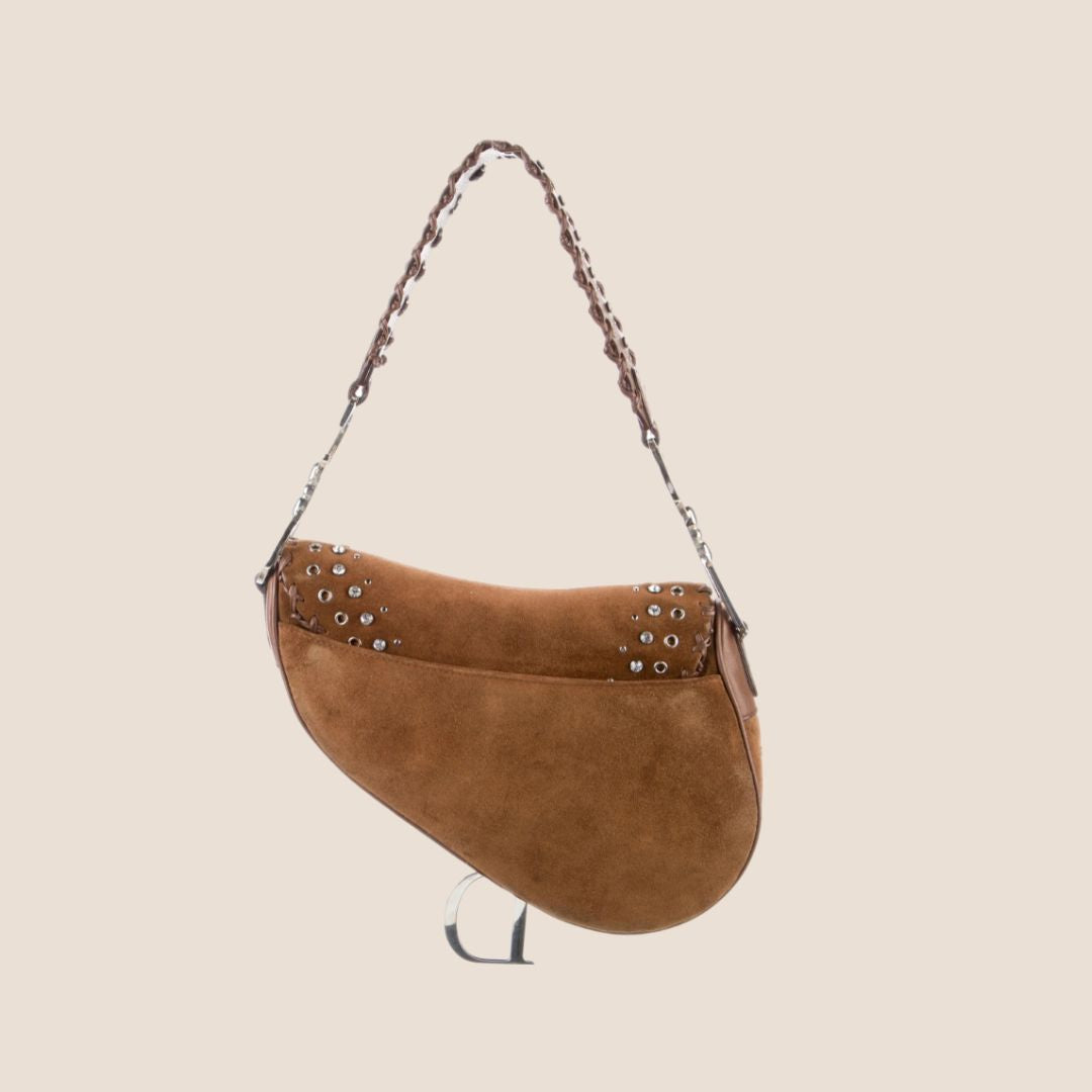 CHRISTIAN DIOR 2004 BROWN SUEDE EMBELLISHED WHIPSTITCH SADDLE BAG