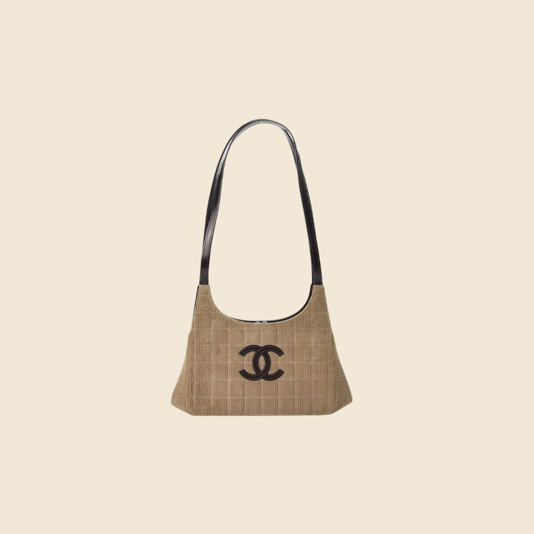 CHANEL CORDUROY QUILTED CHOCOLATE BAR KISS LOCK SHOULDER BAG