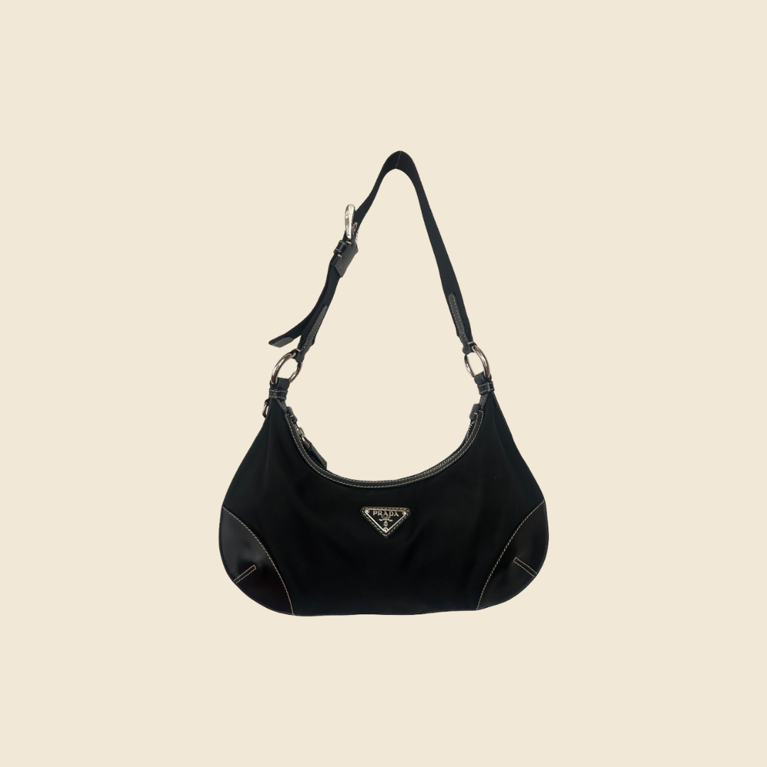 PRADA BLACK TESSUTO LEATHER TRIM SHOULDER BAG RDB
