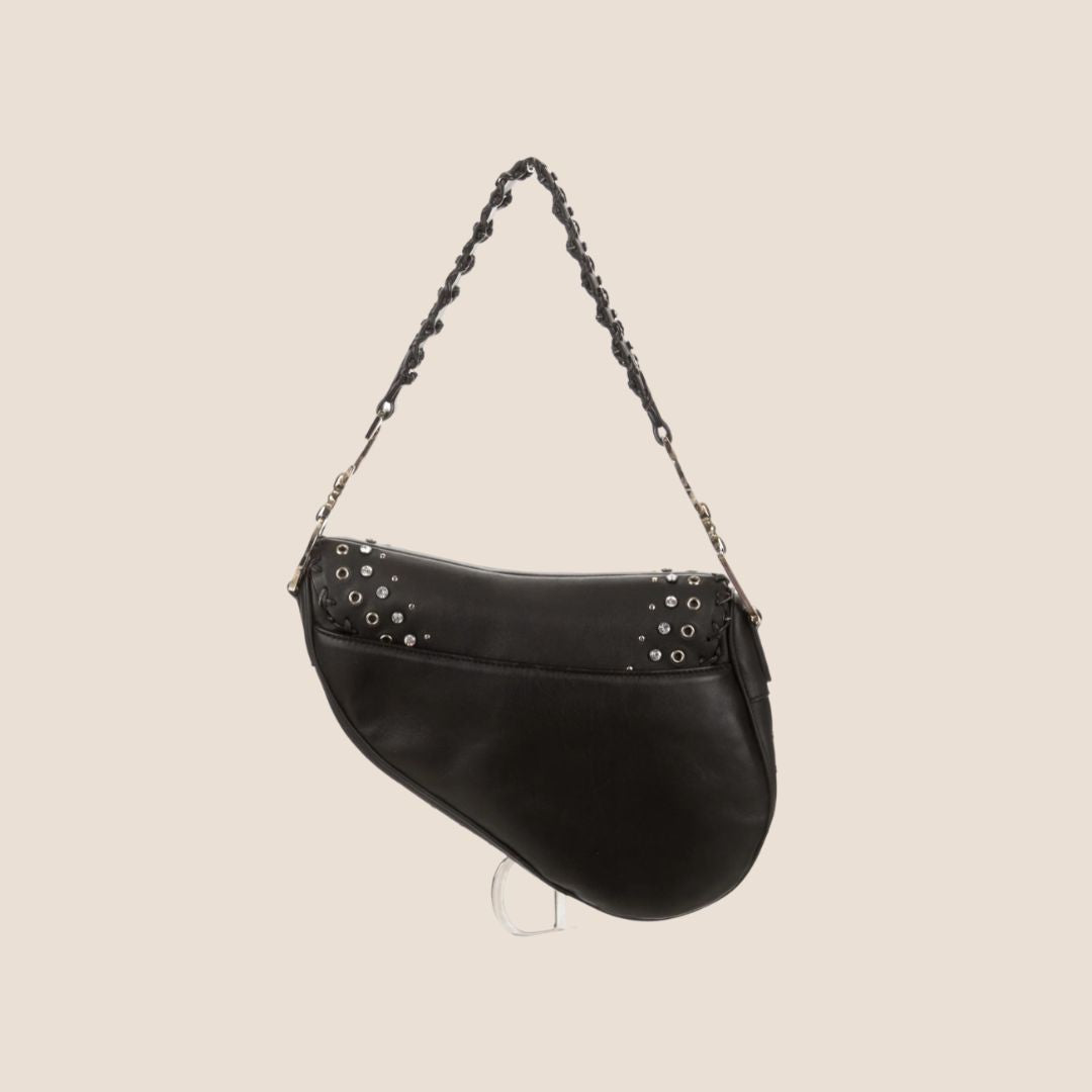 CHRISTIAN DIOR 2004 BLACK SUEDE EMBELLISHED WHIPSTITCH SADDLE BAG
