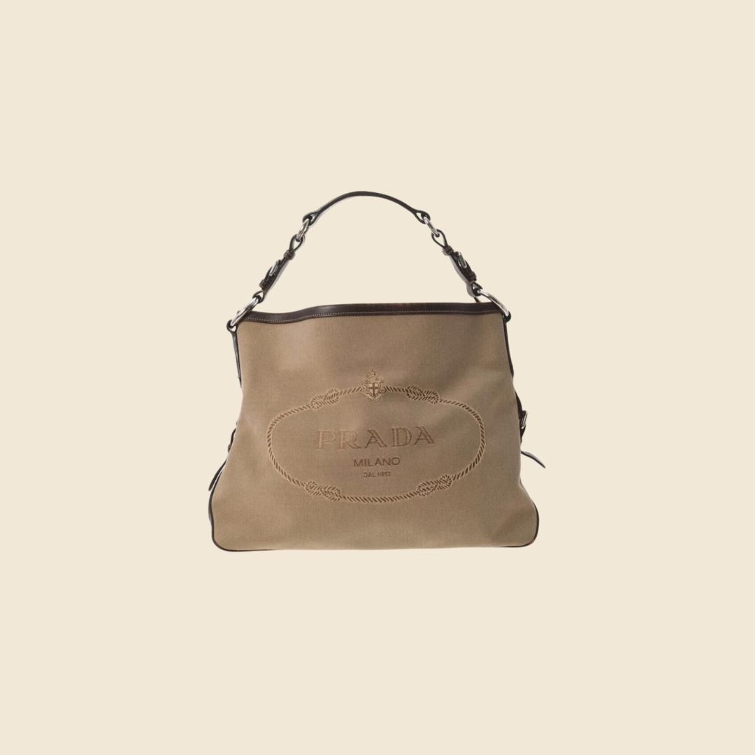 PRADA BEIGE BROWN JACQUARD LOGO LARGE HOBO BAG