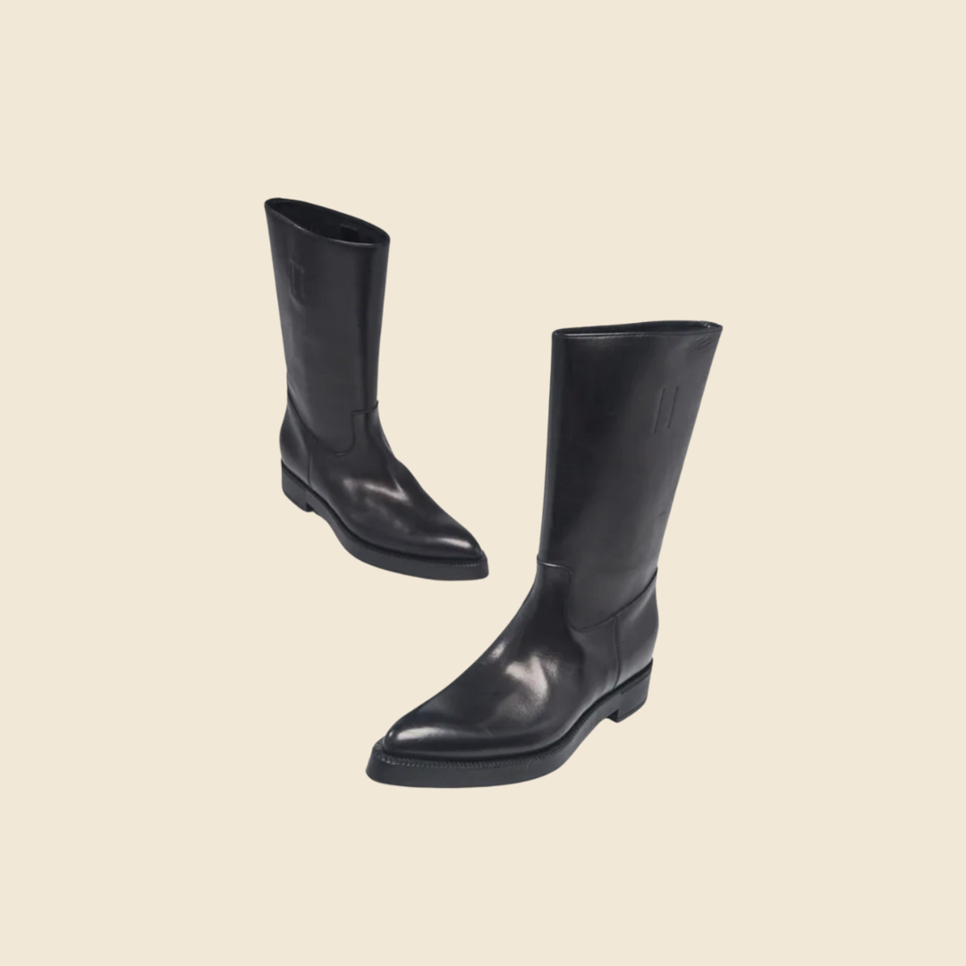 PRADA BLACK LEATHER POINTED TOE MID CALF BOOTS