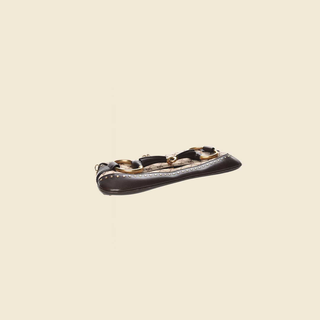 GUCCI BY TOM FORD MONOGRAM STUDDED BROWN HORSEBIT CLUTCH