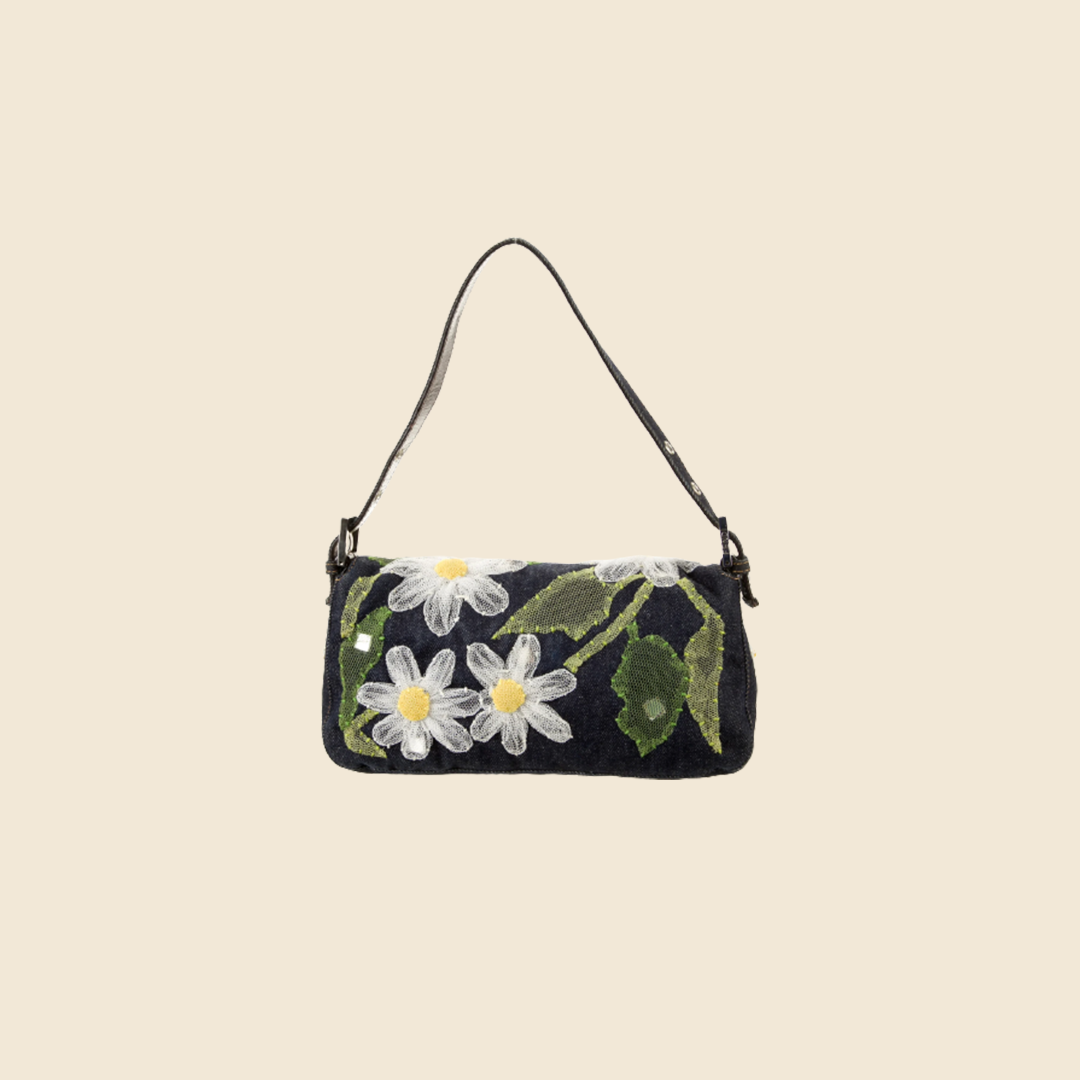 FENDI DENIM FLORAL EMBELLISHED BAGUETTE BAG
