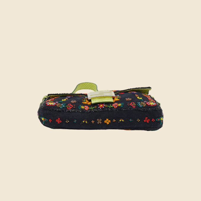 FENDI MULTICOLOR BEADED CANVAS GREEN PYTHON TRIM BAGUETTE BAG