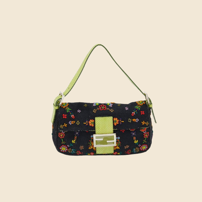 FENDI MULTICOLOR BEADED CANVAS GREEN PYTHON TRIM BAGUETTE BAG