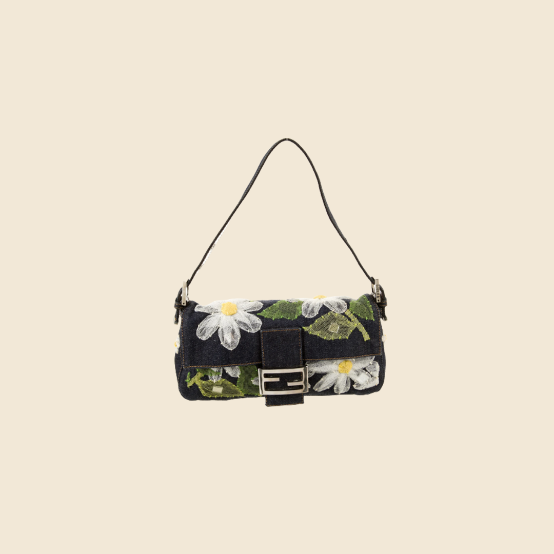 FENDI DENIM FLORAL EMBELLISHED BAGUETTE BAG