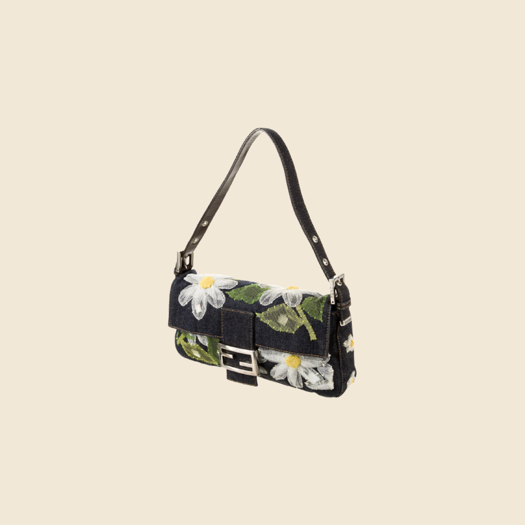 FENDI DENIM FLORAL EMBELLISHED BAGUETTE BAG