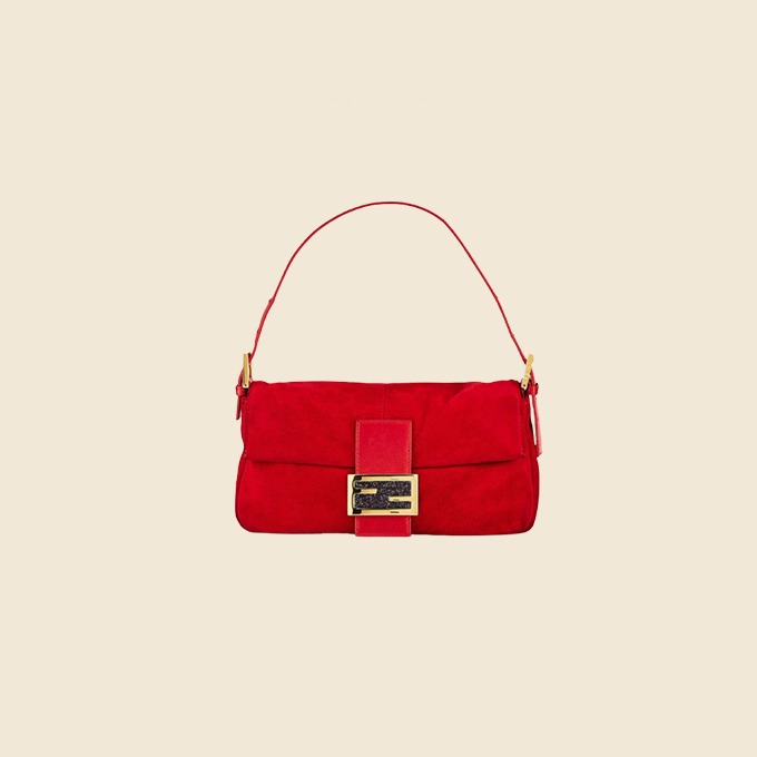 FENDI RED SUEDE GLITTER BAGUETTE BAG