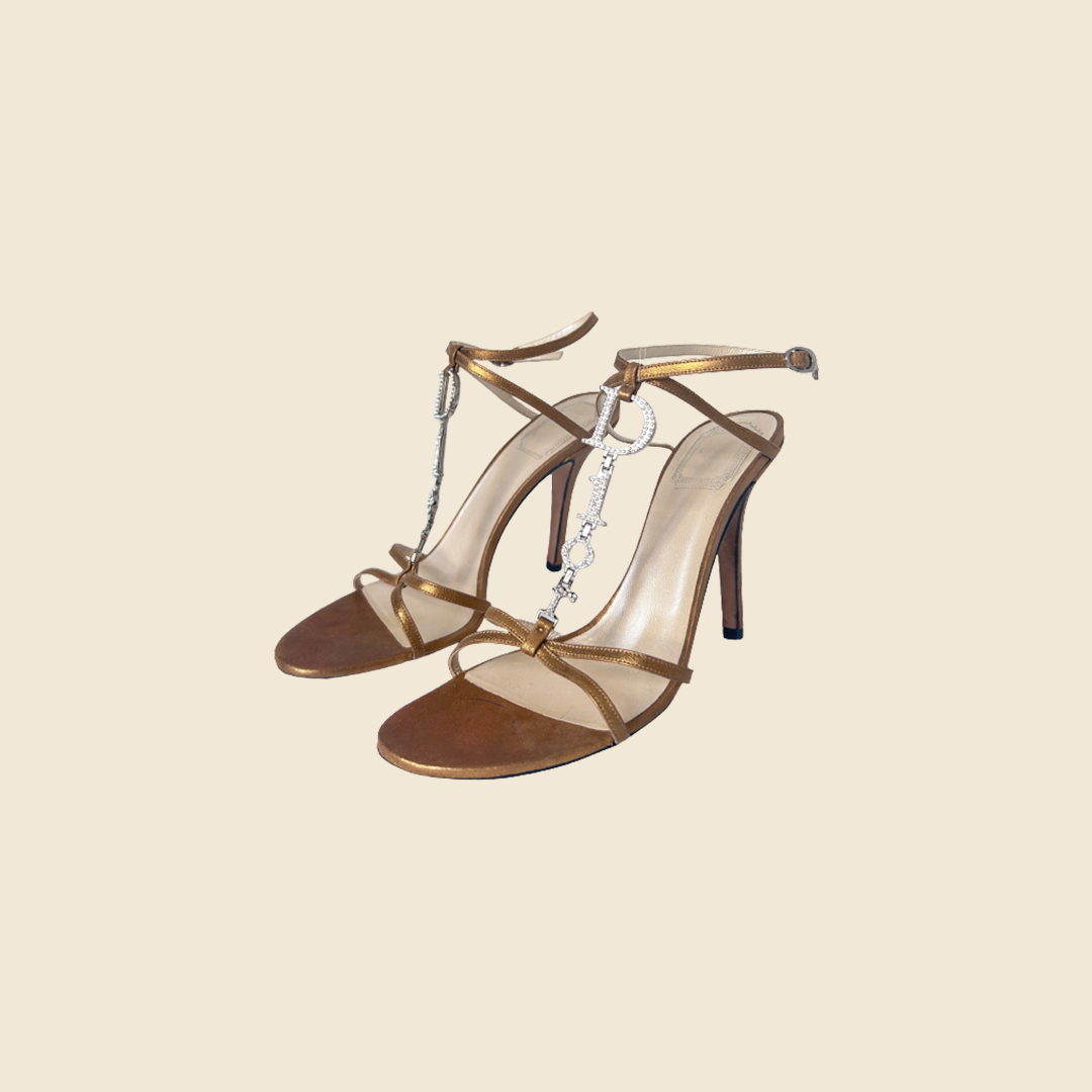 CHRISTIAN DIOR GOLD SWAROWSKI CHAIN STRAP SANDALS
