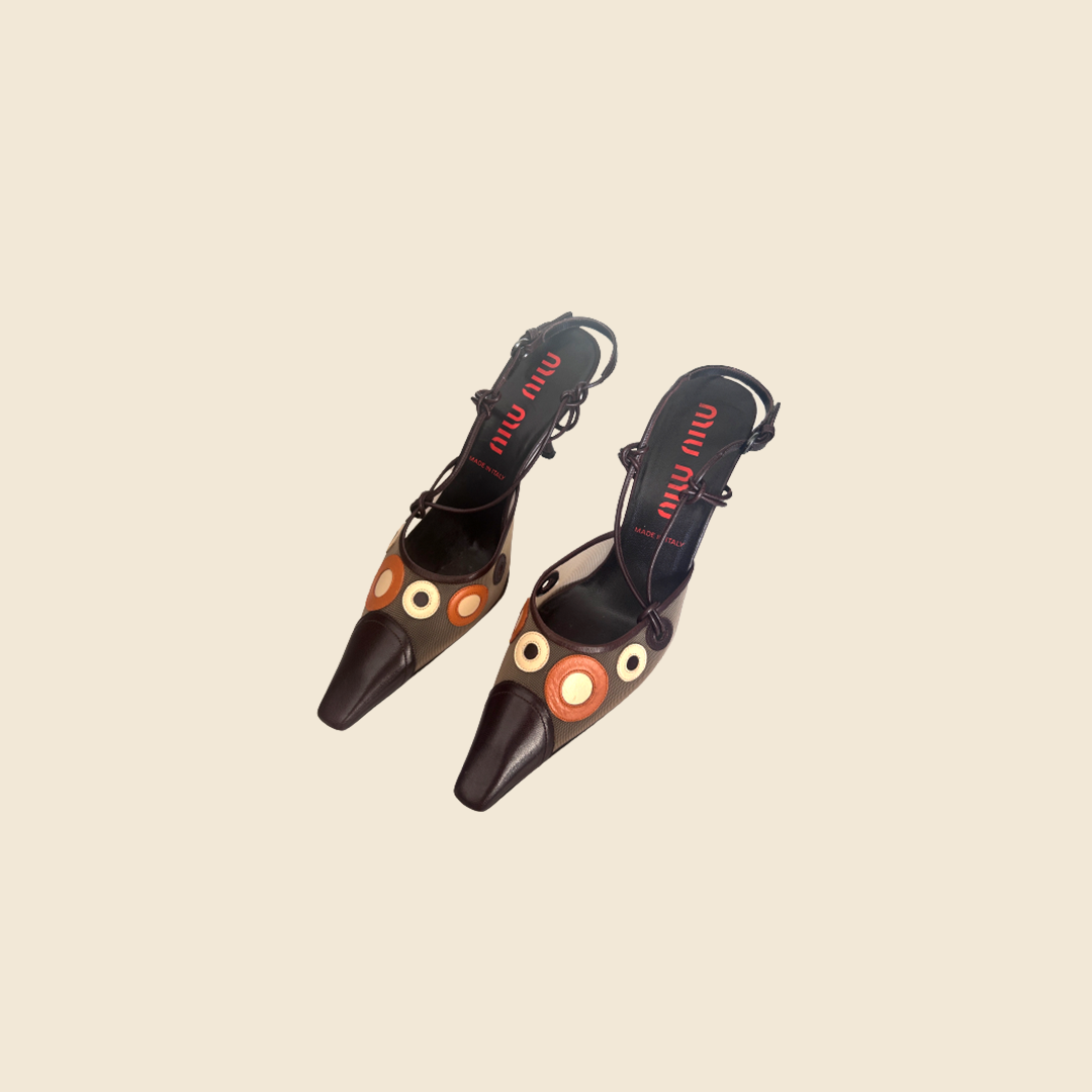 MIU MIU BROWN & ORANGE CIRCLES SLINGBACK KITTEN HEELS