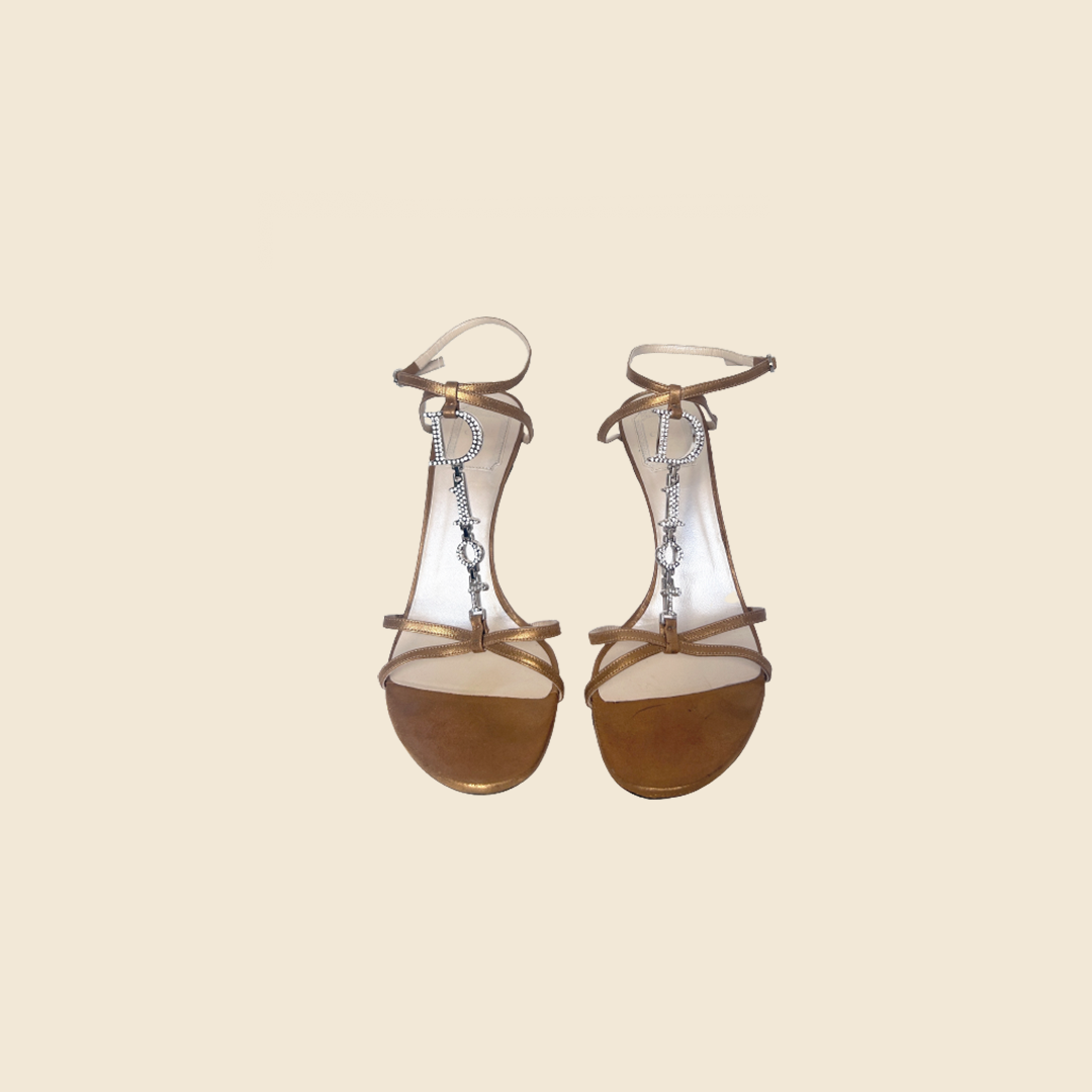 CHRISTIAN DIOR GOLD SWAROWSKI CHAIN STRAP SANDALS