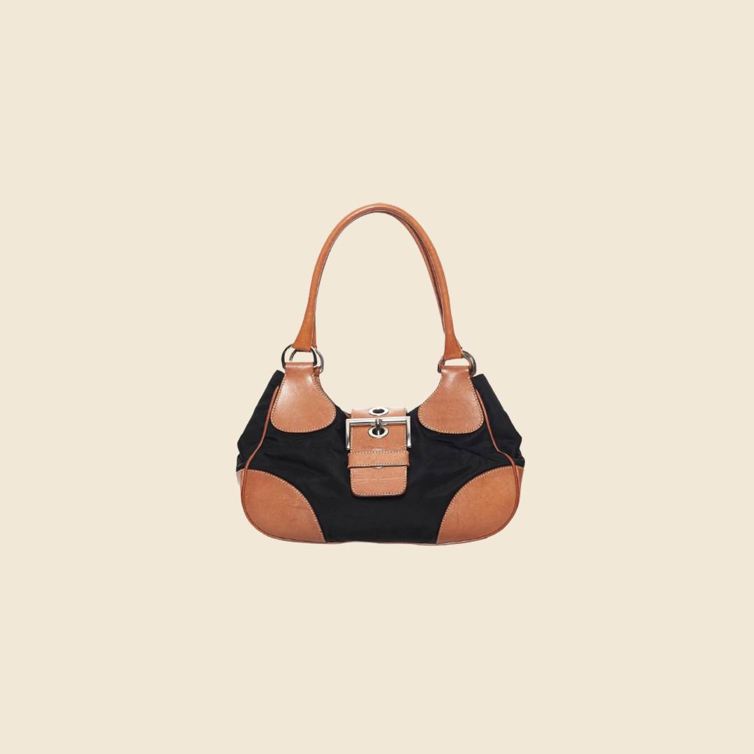 PRADA TAN BLACK BELTED SHOULDER BAG RDB
