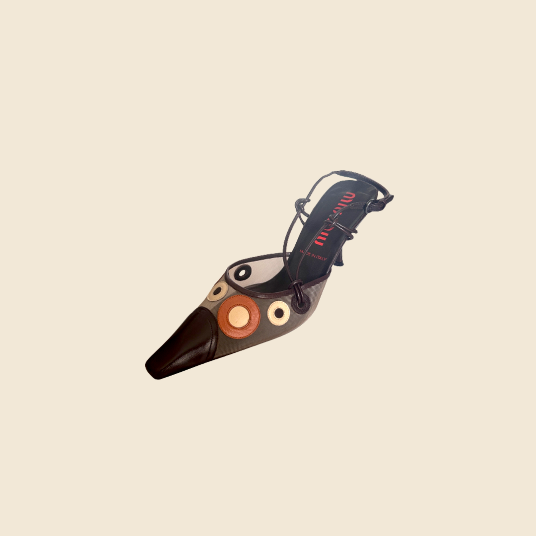 MIU MIU BROWN & ORANGE CIRCLES SLINGBACK KITTEN HEELS