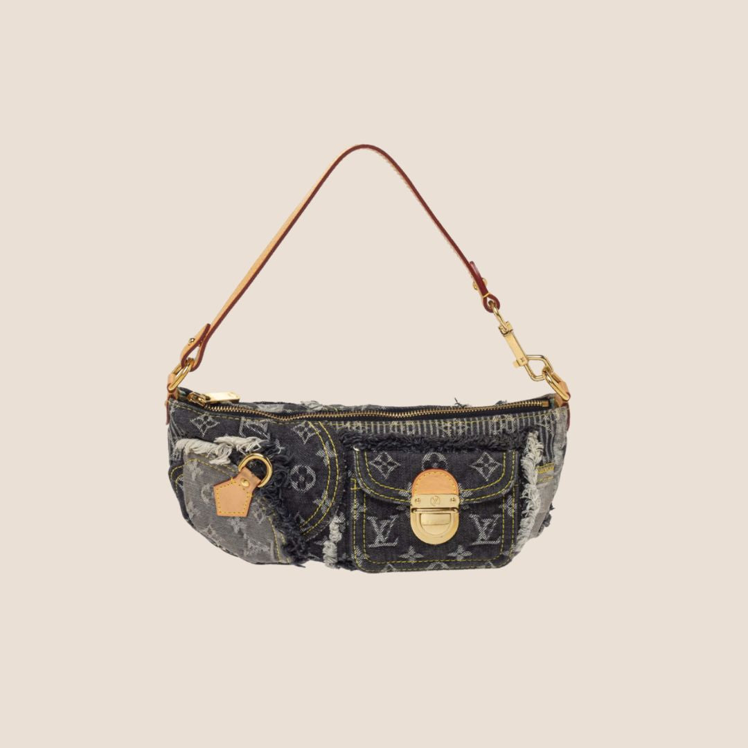 LOUIS VUITTON BLACK MONOGRAM DENIM PATCHWORK POUCHY BAG