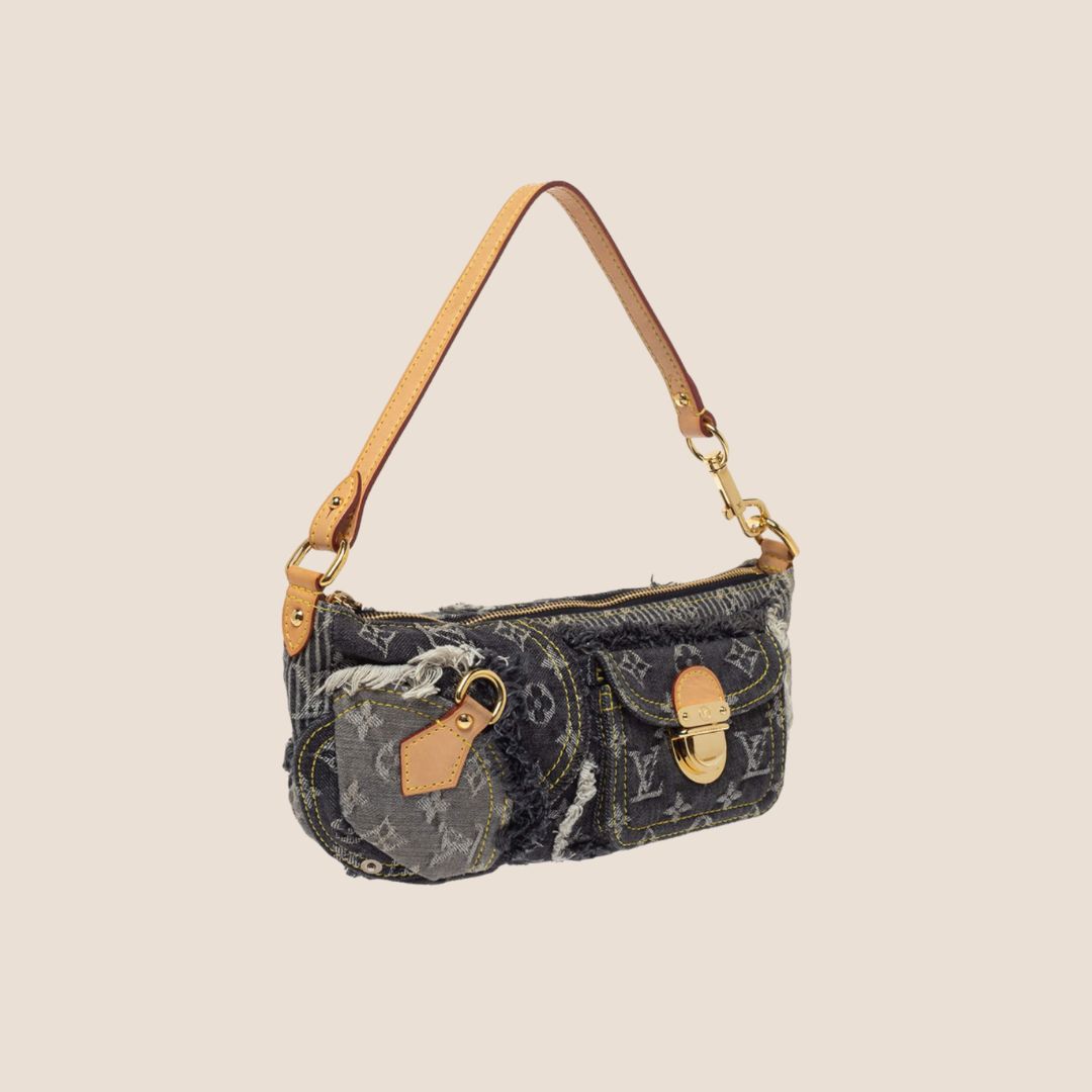LOUIS VUITTON BLACK MONOGRAM DENIM PATCHWORK POUCHY BAG