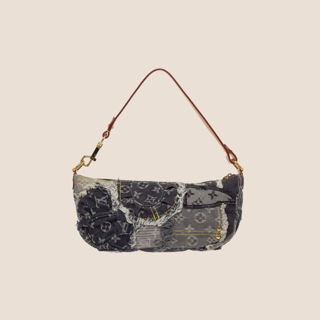 LOUIS VUITTON BLACK MONOGRAM DENIM PATCHWORK POUCHY BAG