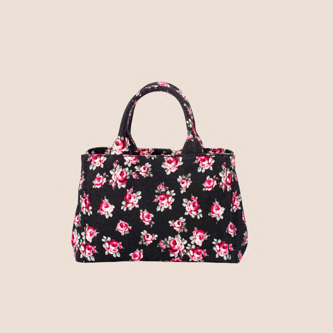PRADA 2000 BLACK FLORAL CANVAS GIARDINIERA TOTE BAG