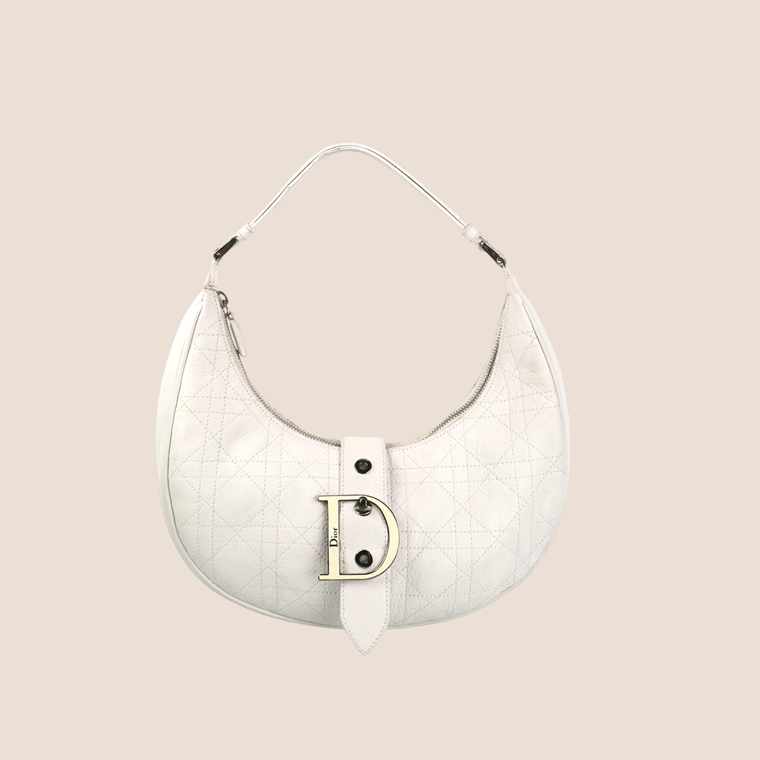 CHRISTIAN DIOR WHITE LEATHER CANNAGE D FLAP HALF MOON HOBO BAG