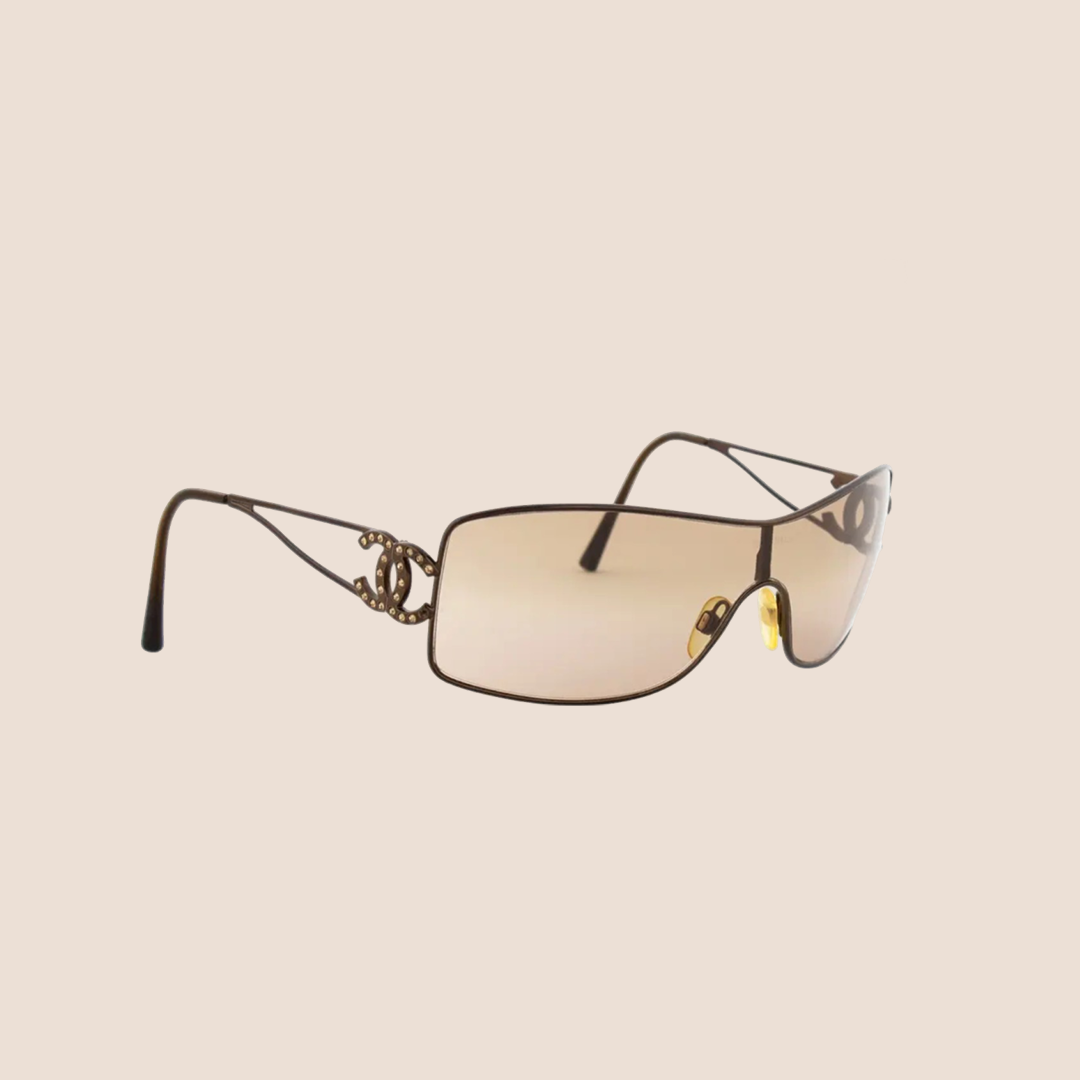 CHANEL 90s BROWN TINTED CRYSTAL CC LOGO SUNGLASSES