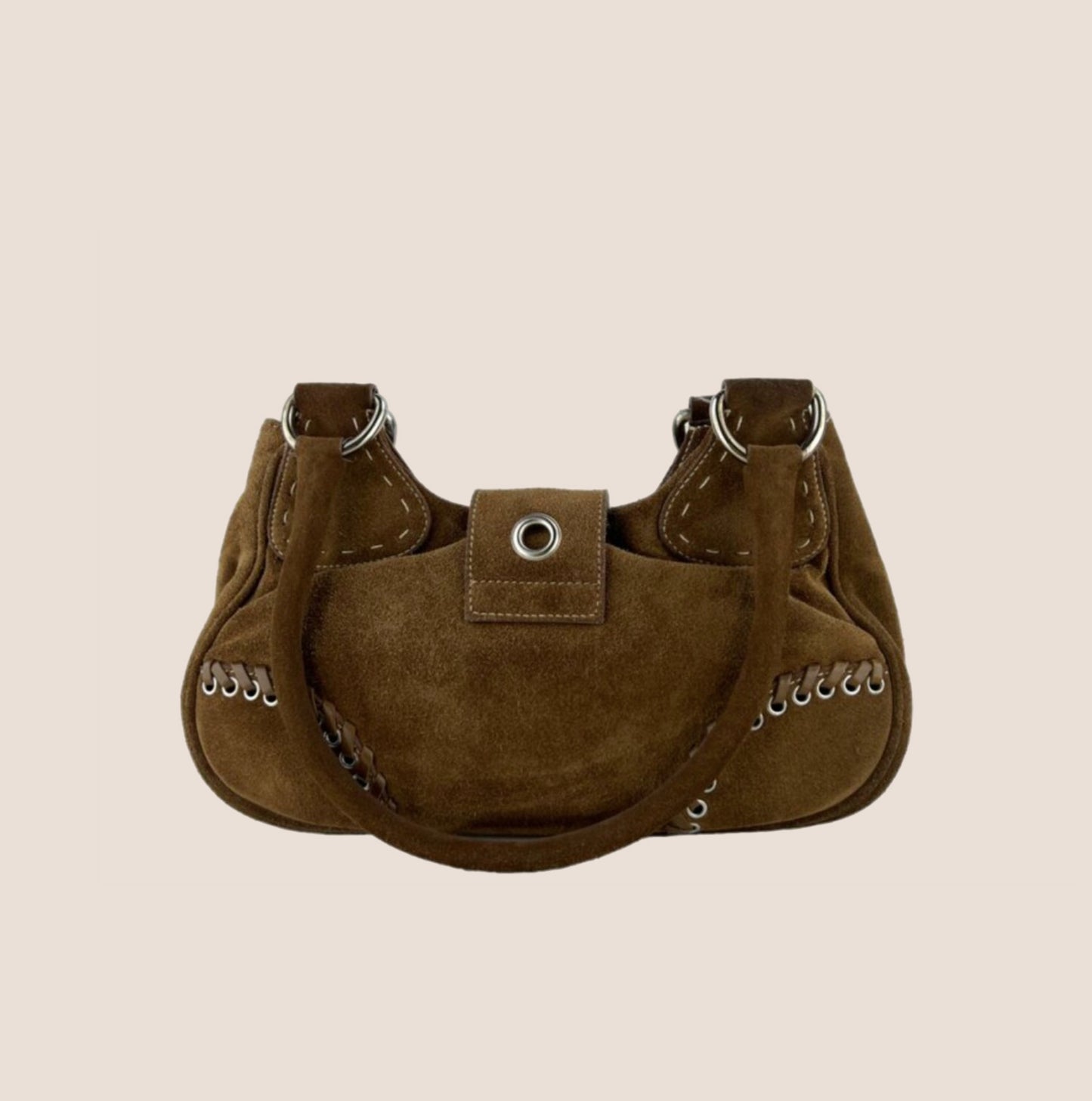 PRADA 2000 BROWN SUEDE WHIPSTITCH MOON BAG
