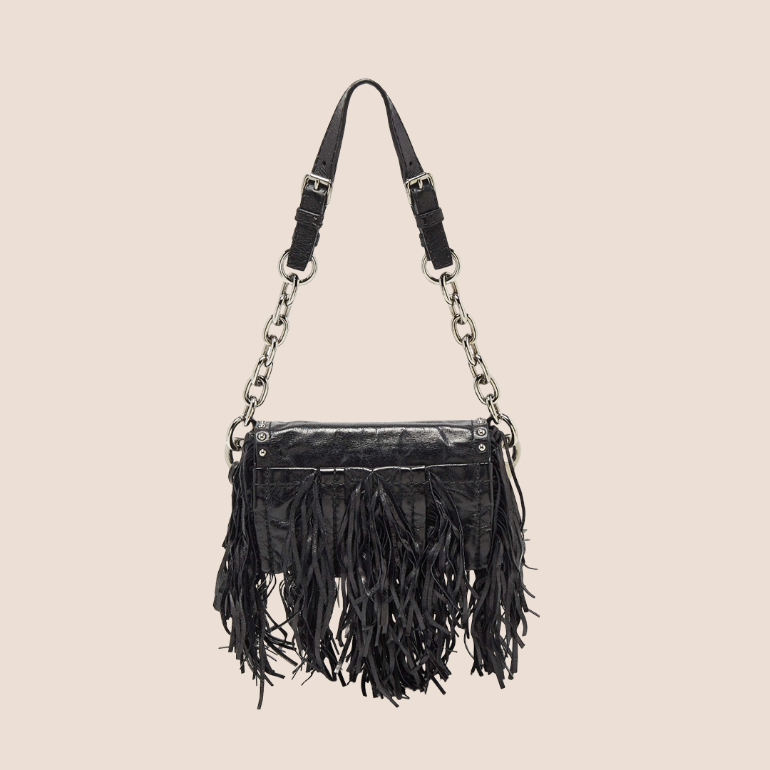 PRADA BLACK LEATHER FRINGE SHOULDER BAG
