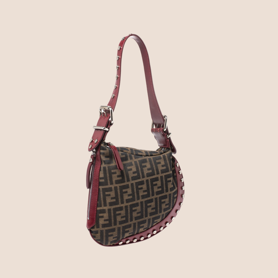 FENDI TOBACCO ZUCCA CANVAS STUDDED OYSTER HOBO BAG