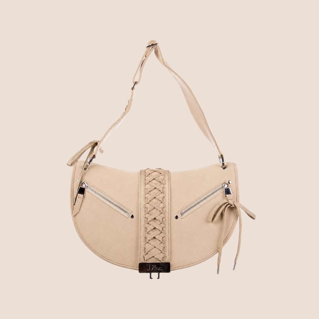 CHRISTIAN DIOR BEIGE SUEDE ADMIT IT LACE UP CORSET HANDBAG