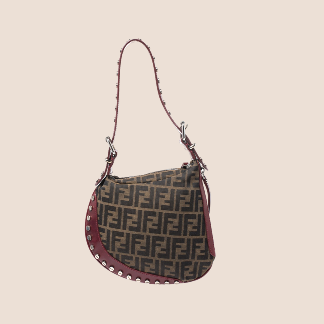 FENDI TOBACCO ZUCCA CANVAS STUDDED OYSTER HOBO BAG