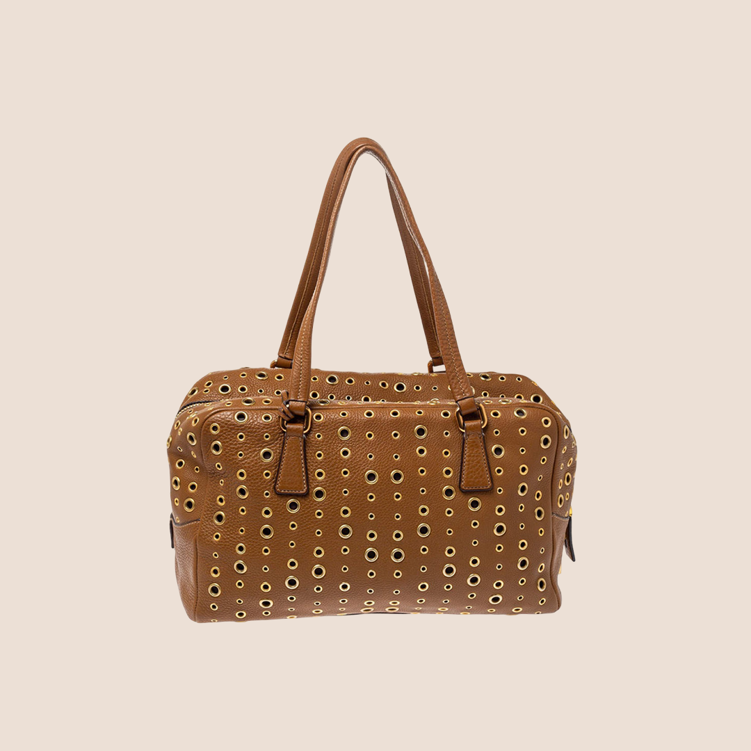 PRADA 2000 BROWN RIVET STUDDED BAULETTO BAG