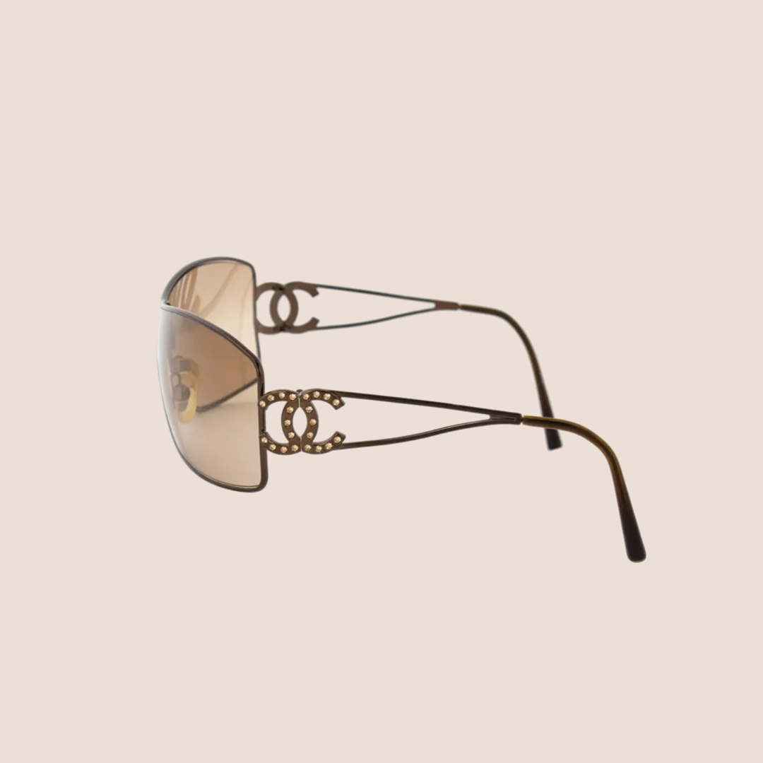 CHANEL 90s BROWN TINTED CRYSTAL CC LOGO SUNGLASSES