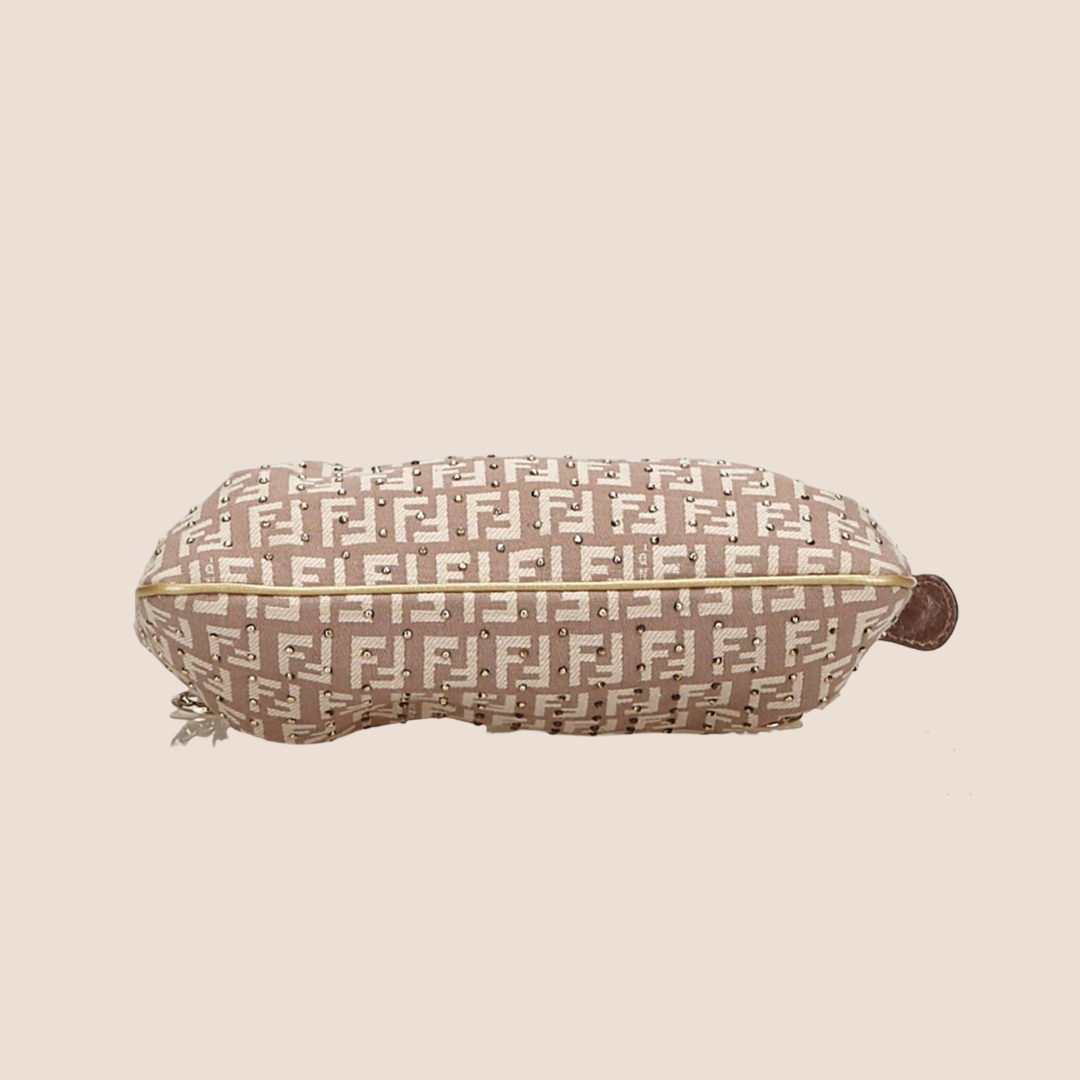 FENDI BRONZE ZUCCHINO STUDDED CANVAS CHARM CHAIN POCHETTE
