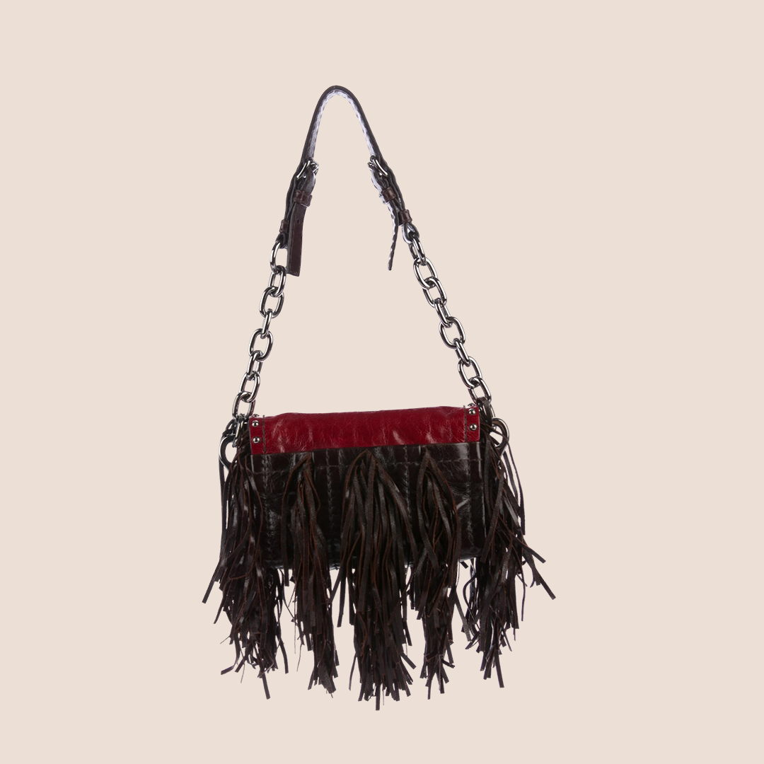 PRADA BURGUNDY & BROWN LEATHER FRINGE SHOULDER BAG