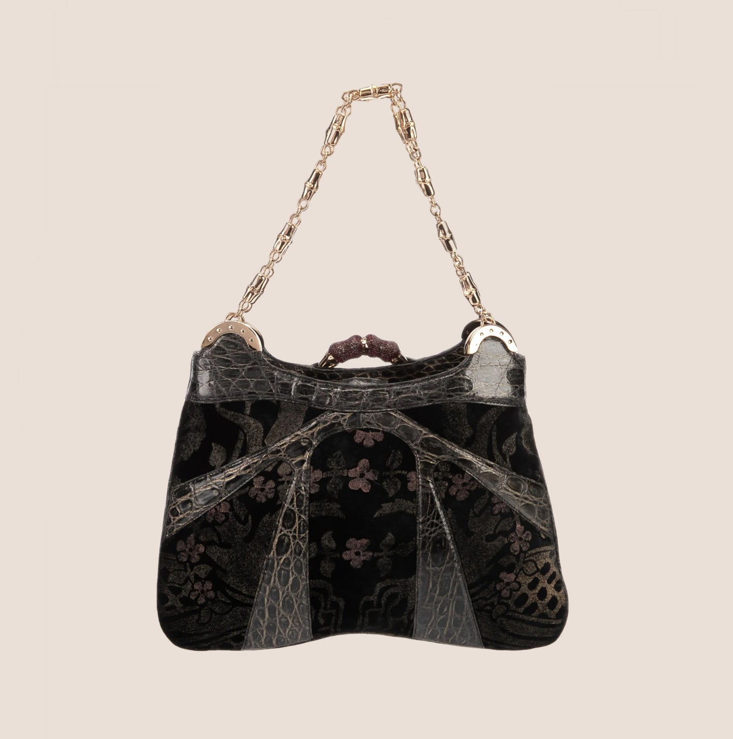 GUCCI ALLIGATOR VELVET BAMBOO CHAIN BAG