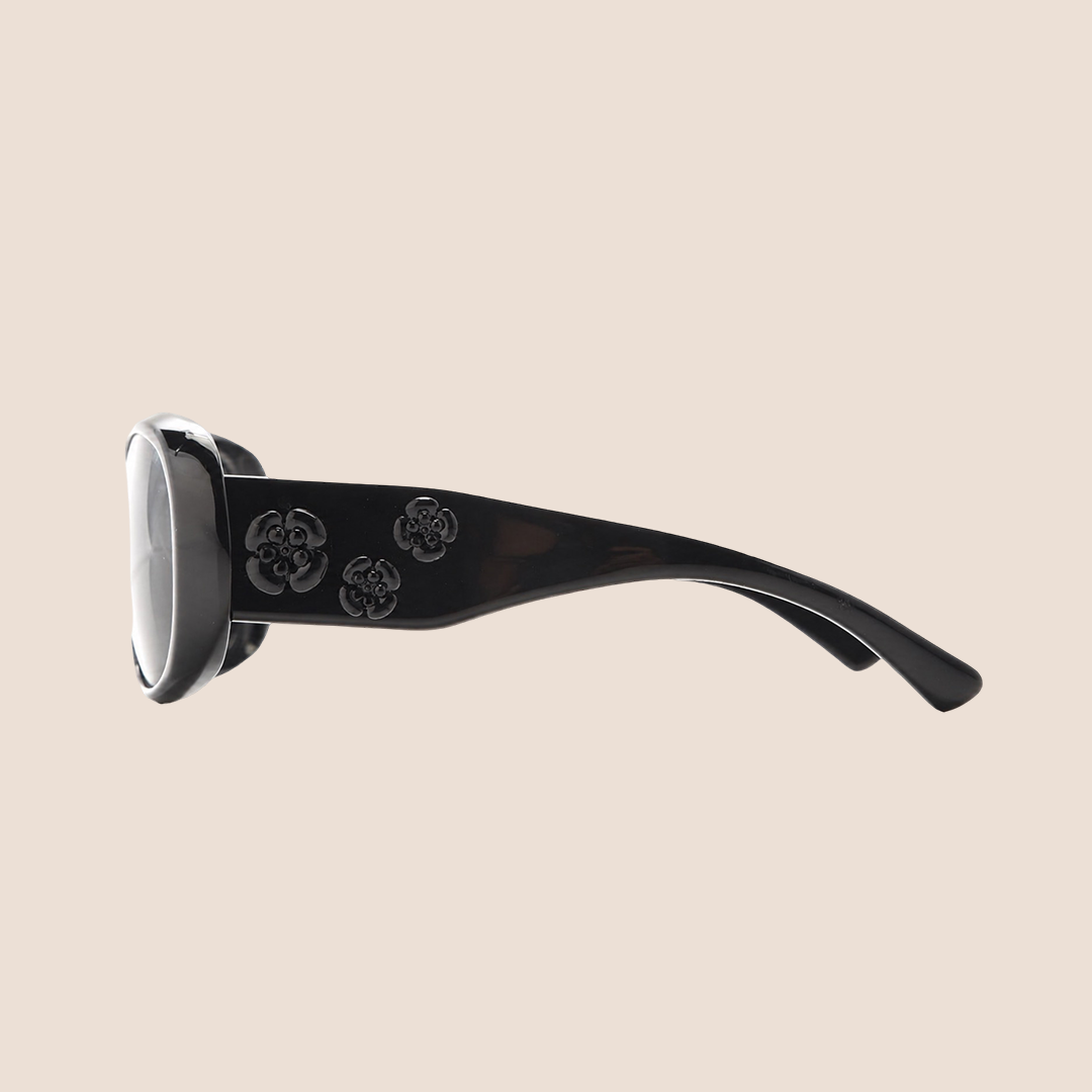 CHANEL BLACK FRAME CAMELLIA SUNGLASSES