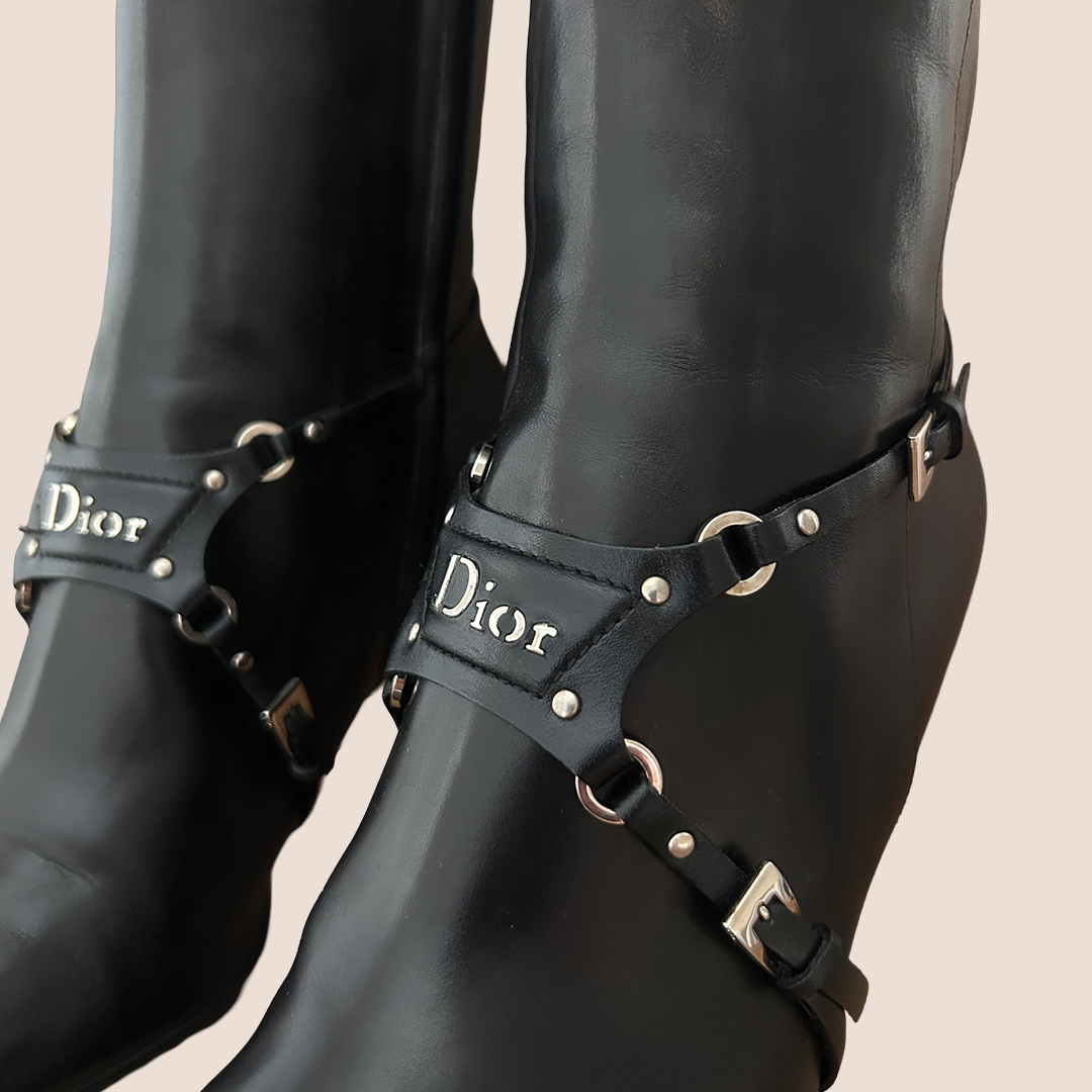 CHRISTIAN DIOR 2003 BLACK BONDAGE BOOTS