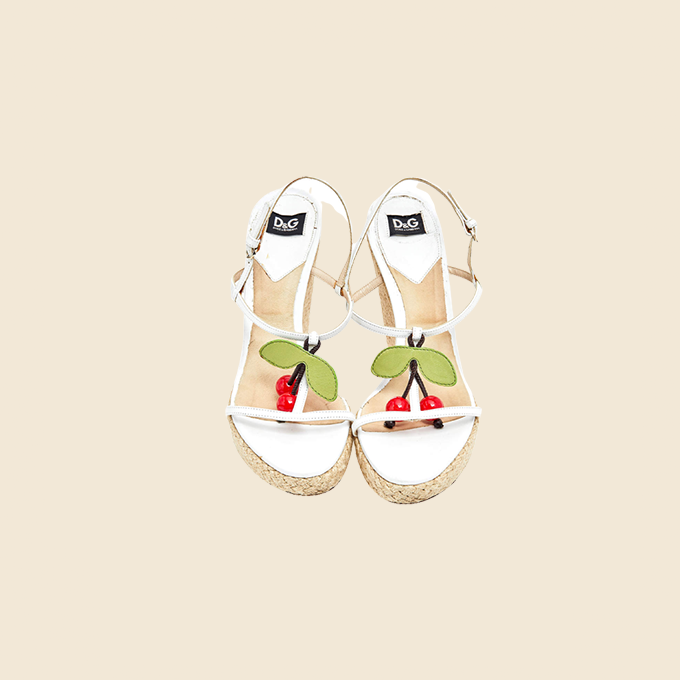 DOLCE & GABBANA WHITE CHERRY WEDGE SANDALS