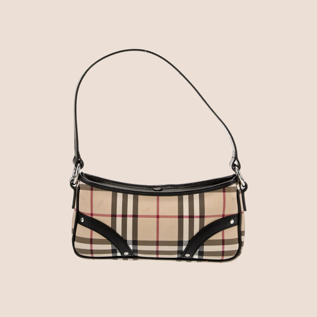 BURBERRY NOVA CHECK BLACK LEATHER TRIM BAGUETTE BAG – RDB