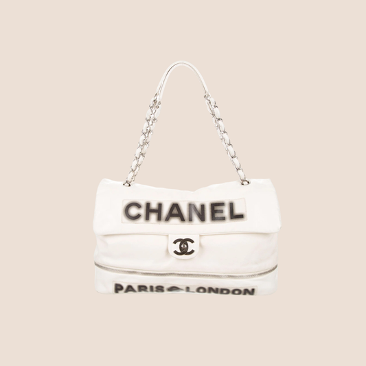 CHANEL WHITE PARIS LONDON EXPANDABLE SHOULDER BAG