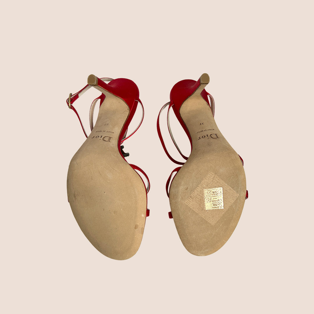 CHRISTIAN DIOR RED SATIN PEARL CHAIN STRAP SANDALS