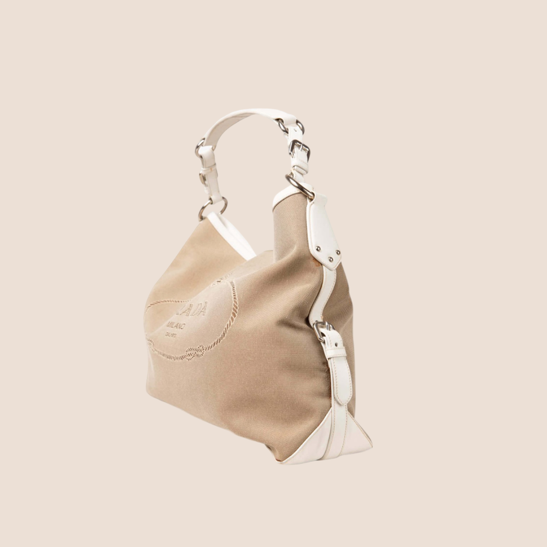 PRADA 2000 WHITE LEATHER & JACQUARD LOGO BUCKET TOTE BAG