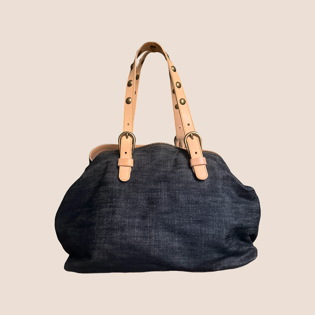 MIU MIU 2000 NAVY DENIM STUDDED TOTE BAG
