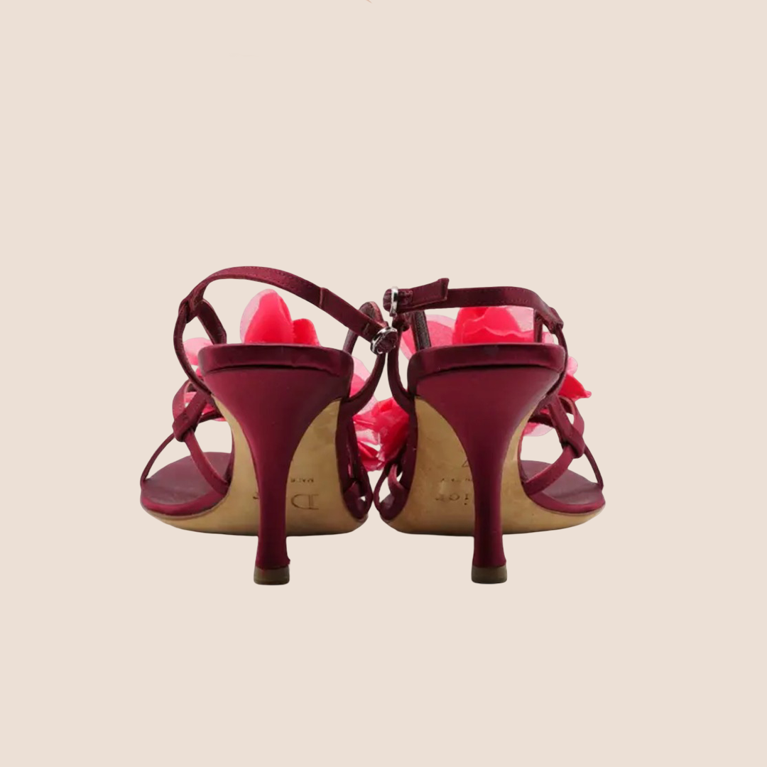 CHRISTIAN DIOR 2000 BURGUNDY SATIN FLOWER SANDALS