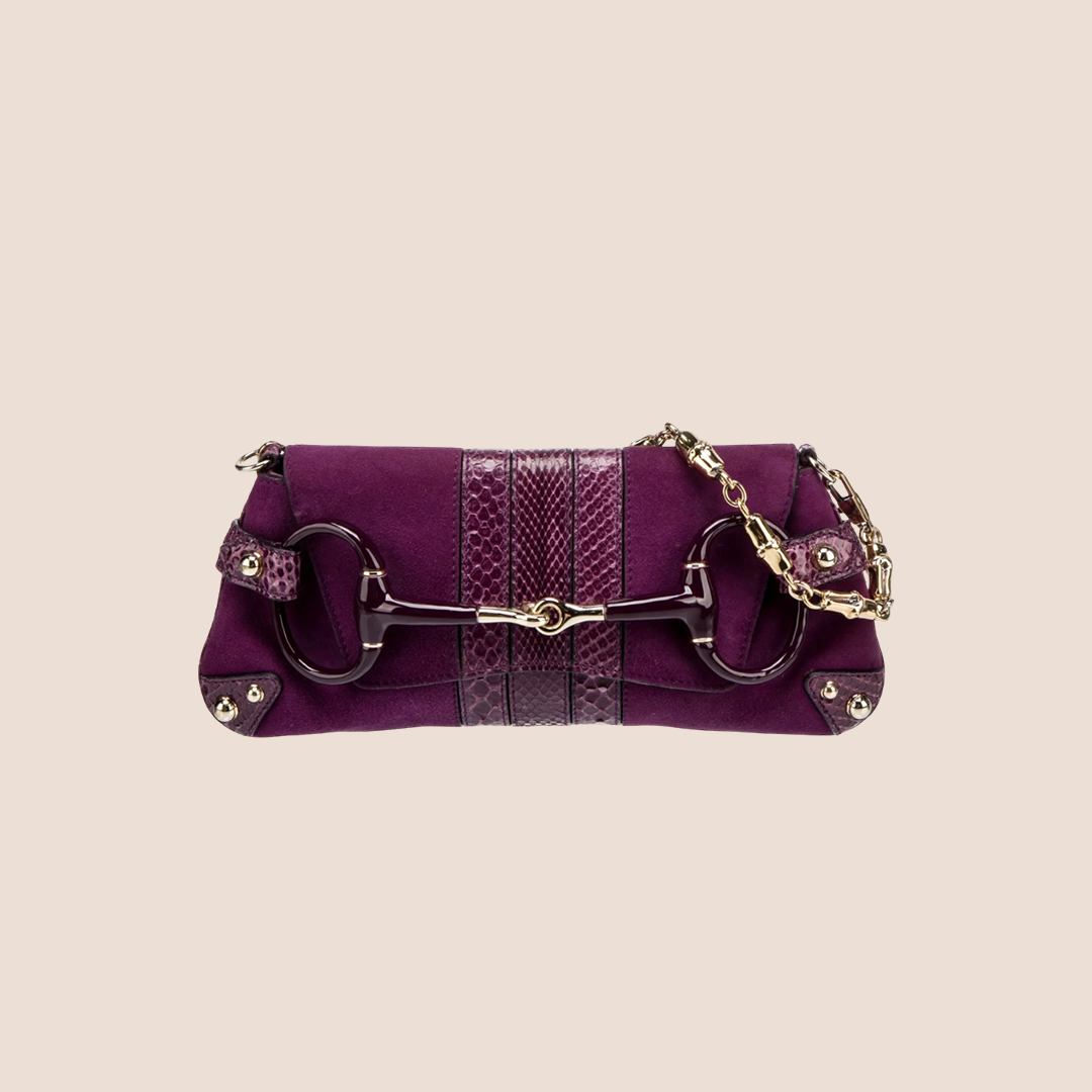 GUCCI PURPLE SUEDE PYTHON TRIM HORSEBIT CHAIN CLUTCH BAG