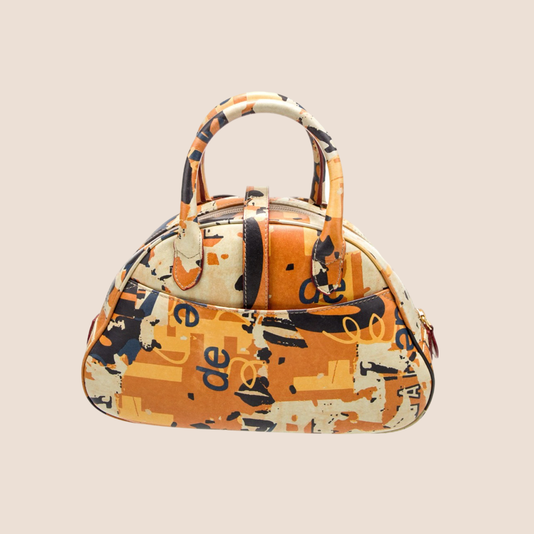 CHRISTIAN DIOR 2001 ORANGE PRINTED DOUBLE SADDLE BOWLER BAG