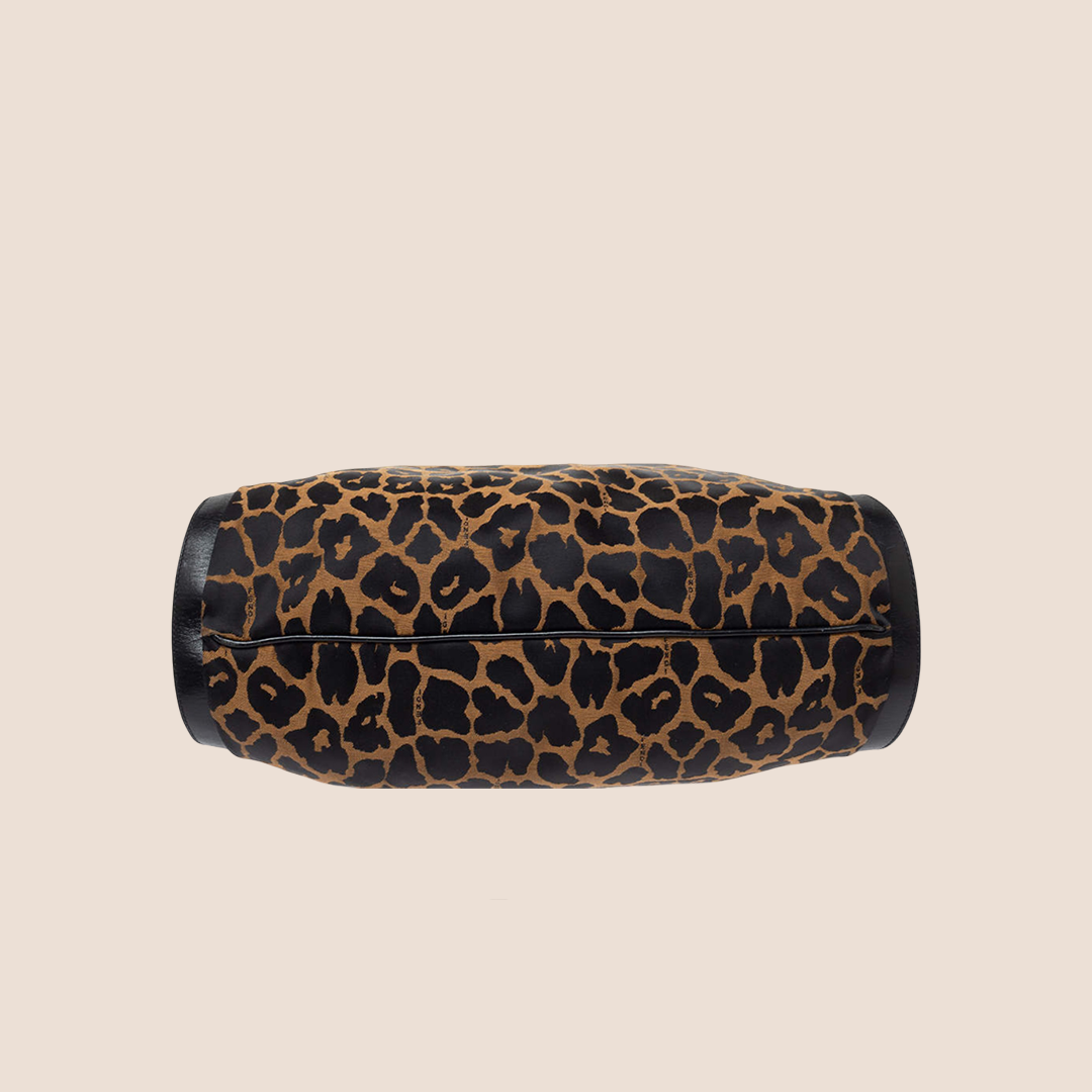 FENDI 2000 LEOPARD PRINT LEATHER TRIM CHEF TOTE BAG