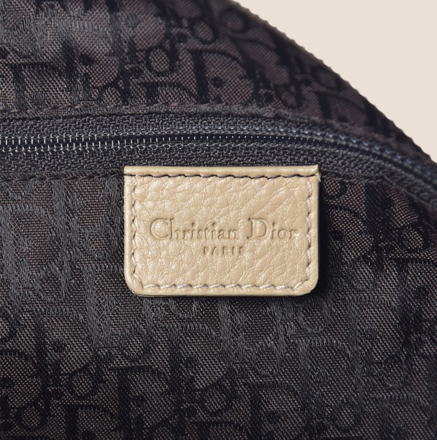 CHRISTIAN DIOR BEIGE LEATHER LOGO SPELL OUT CHARM BOSTON BAG