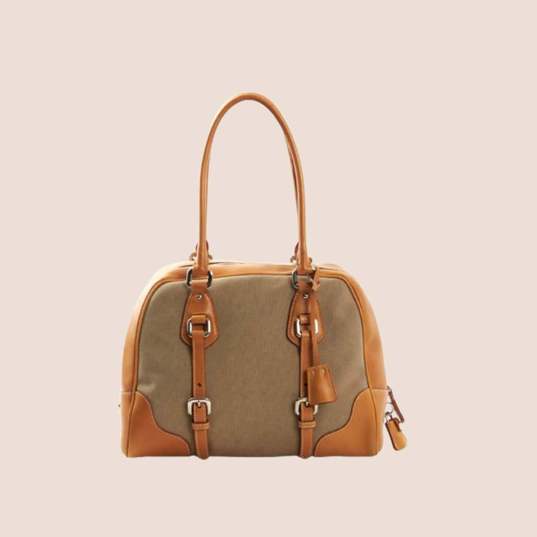 PRADA 2000 TAN JACQUARD LOGO SHOULDER BAG