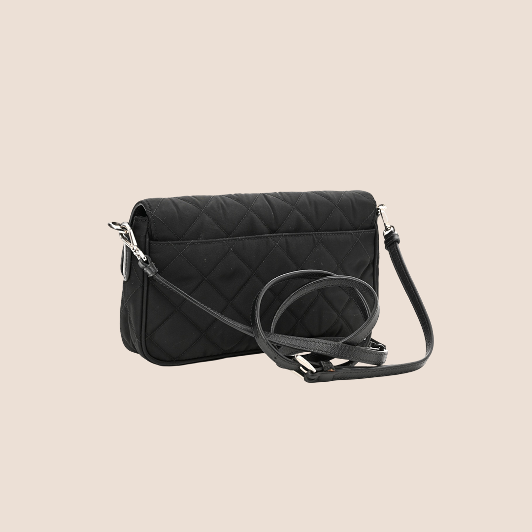 PRADA BLACK NYLON TESSUTO IMPUNTU QUILTED FLAP BAG