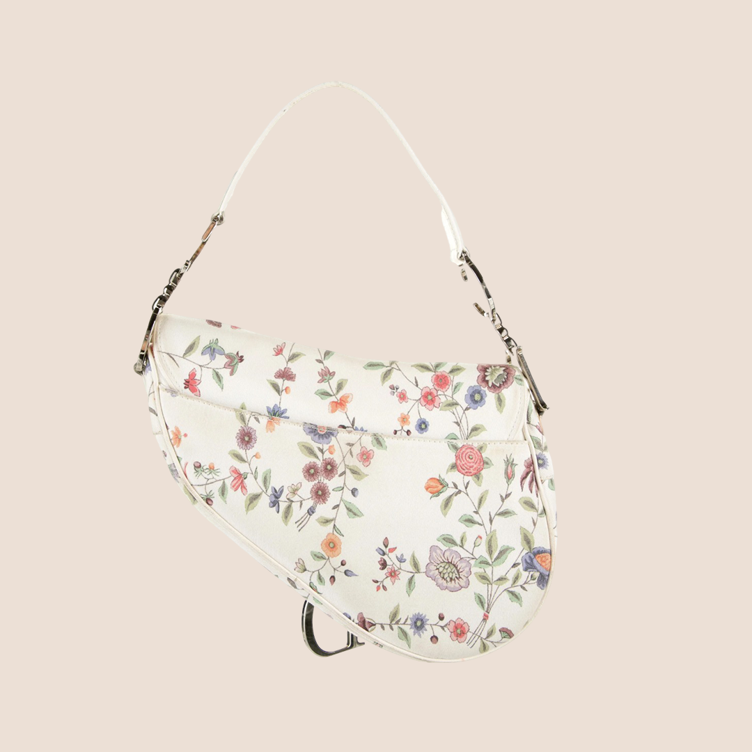 CHRISTIAN DIOR LIMITED EDITION WHITE FLORAL CANVAS SADDLE BAG